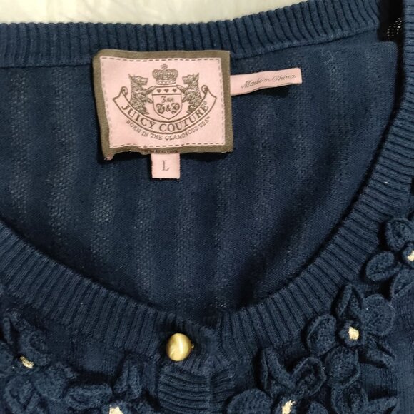 Juicy Couture Navy Blue Floral Embroidery Silk Cashmere Knit Cardigan Size Large - Picture 8 of 15